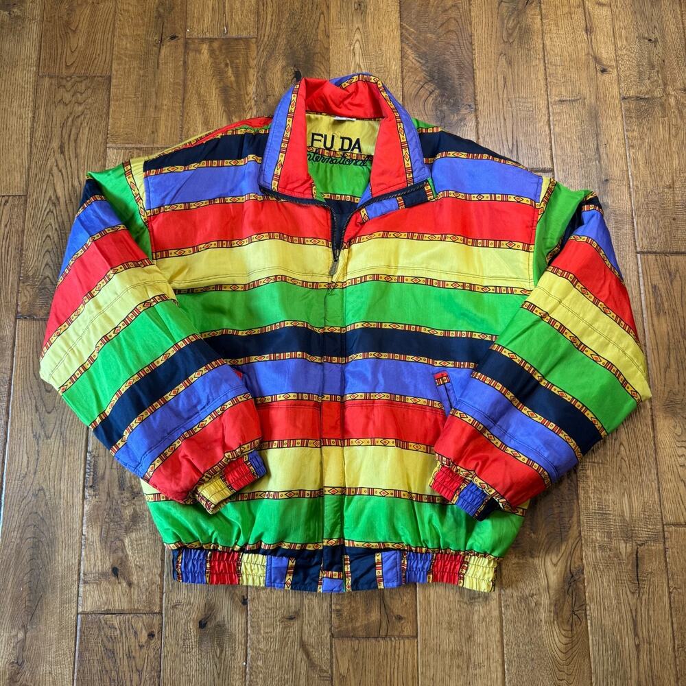 Vintage FU DA International Jacket Sz XL Multicolor 100% Silk Puffer Bomber